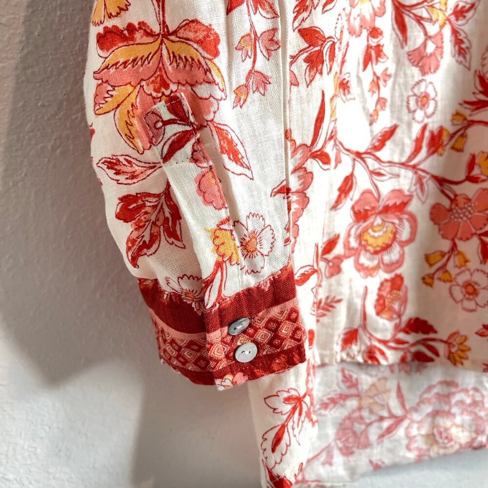 Rachel Zoe 100% Linen Floral Button Front Boho Shirt Top Small Red Salmon Coral - Picture 4 of 11